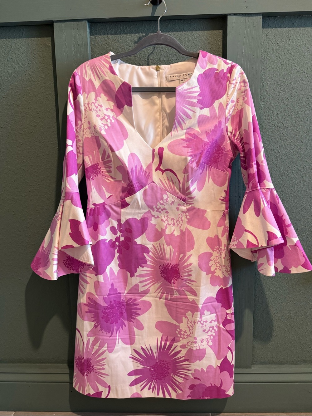 Trina Turk Pink & White Floral V-Neck Bell-Sleeve Mini Dress